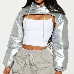 Silver Faux Leather Cropped Bolero Hoodie (M)